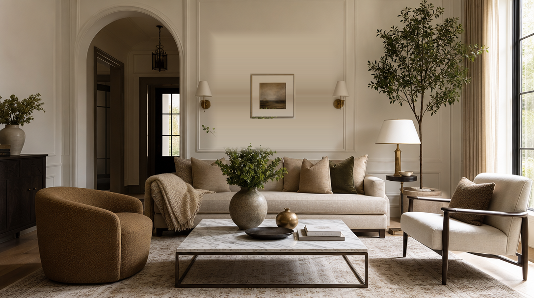 Warm living room with an underscaled piece of wall art